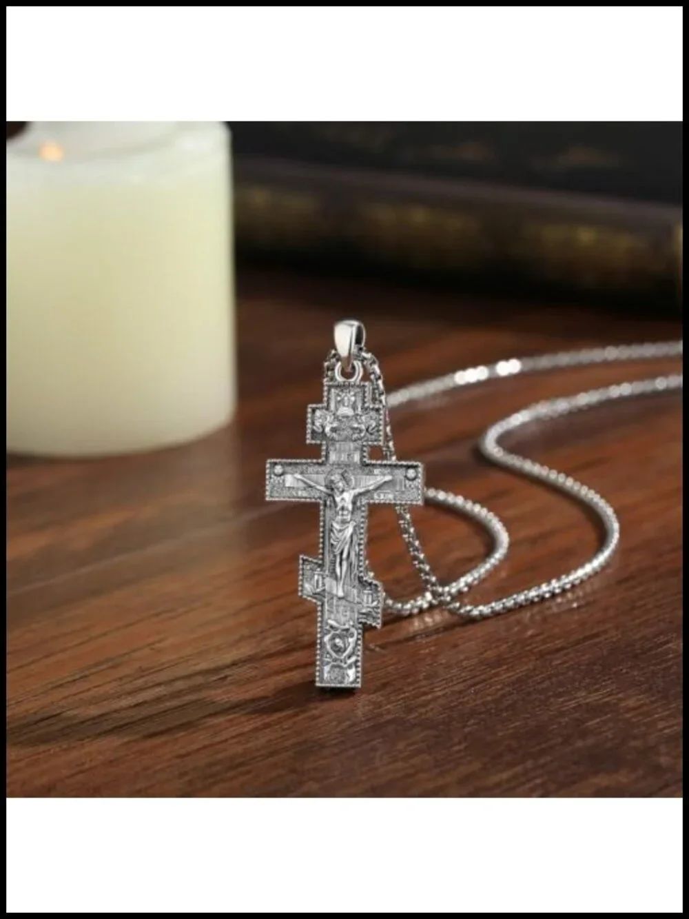 Silver Plated Copper Orthodox Crucifix Necklace for Men Women Antique Oxidized